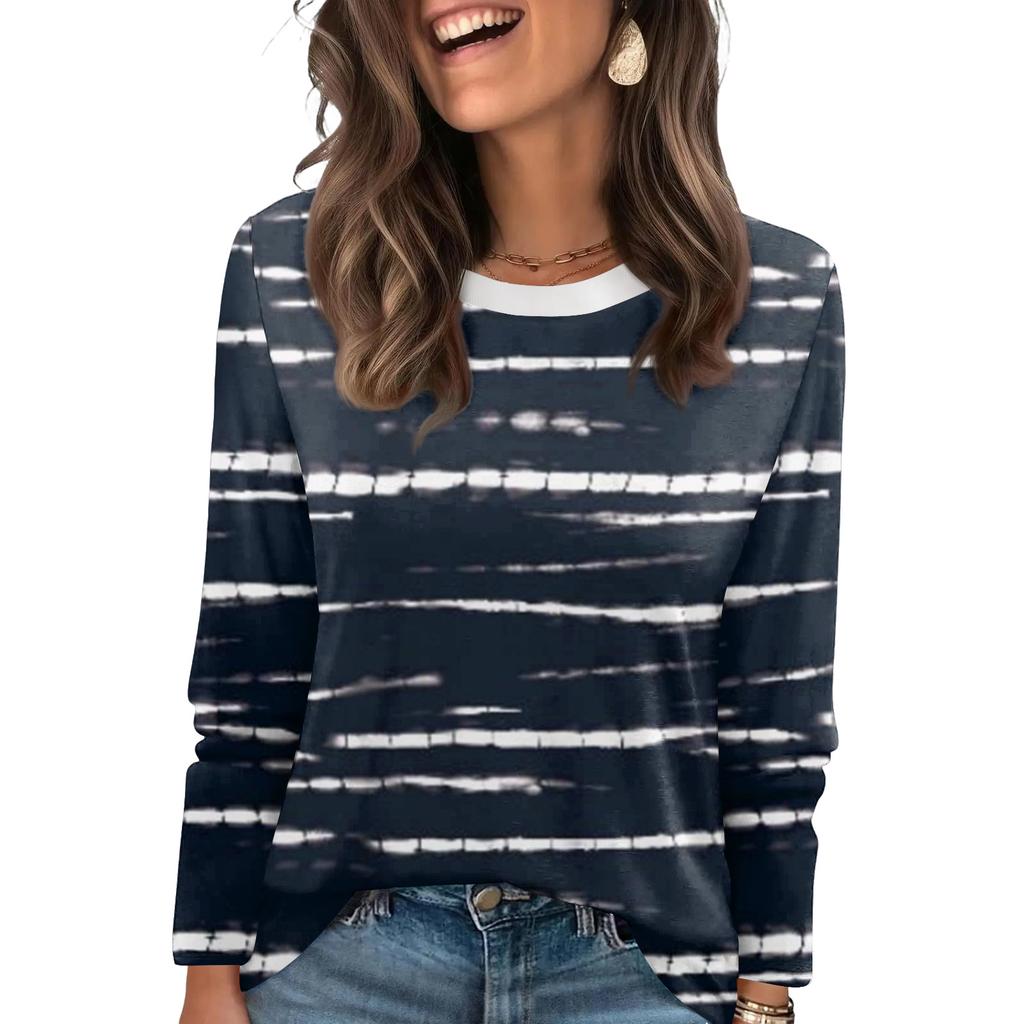 Ladies' Striped Printed Fashionable Casual Round Neck Long Sleeved Round Neck Top