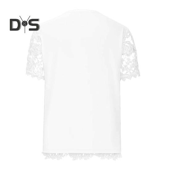 Tricou de vară pentru femei, gât în V, mânecă scurtă, casual, broderie ajurată, dantelă, pulover, topuri streetwear