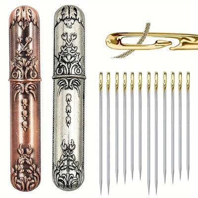1-teilige Nadelbox aus geprägter Legierung im Retro-Stil mit 24-teiligem Blindnadelset mit seitlichem Gewinde, Aufbewahrungsbehälter für Nähnadeln, elegante Handwerkskunst.