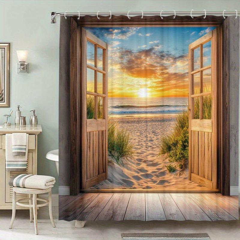 Attractive Beach Pattern Washable Dirt-Resistant Shower Curtain Shower Head Waterproof Polyester Bath Curtain For Home Decor