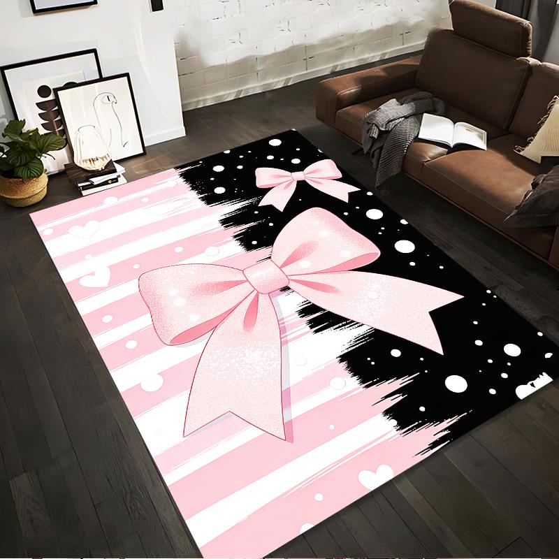 Pink Bow Striped Carpet with Hearts and Black Accent Design Suitable for use as an anti-slip for living room bedroom sofas