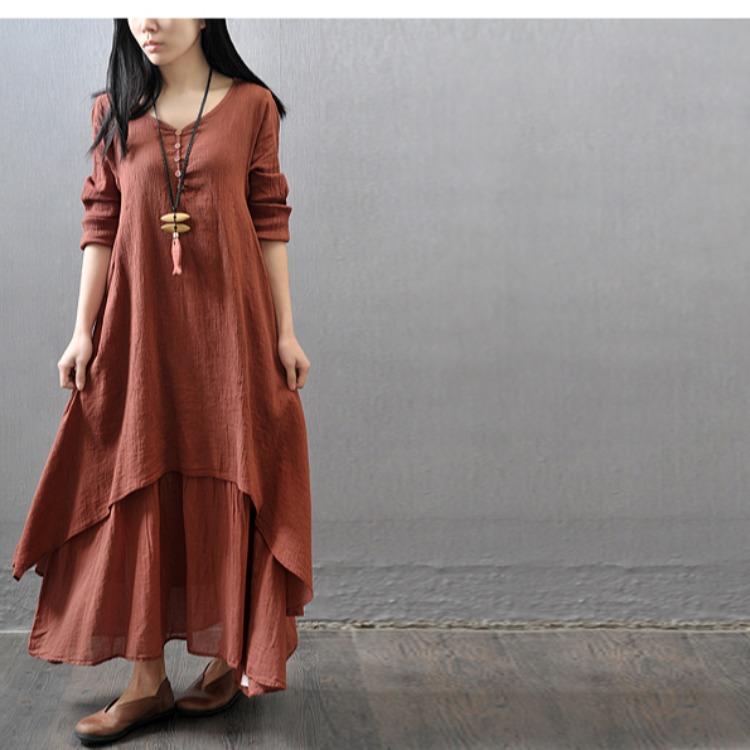Laisvalaikio lininės maxi moteriškos suknelės Vintažinės daugiasluoksnės „Boho Boho“ stiliaus vientisos spalvos oversize pavasario moteriškos ilgos suknelės drabužiai