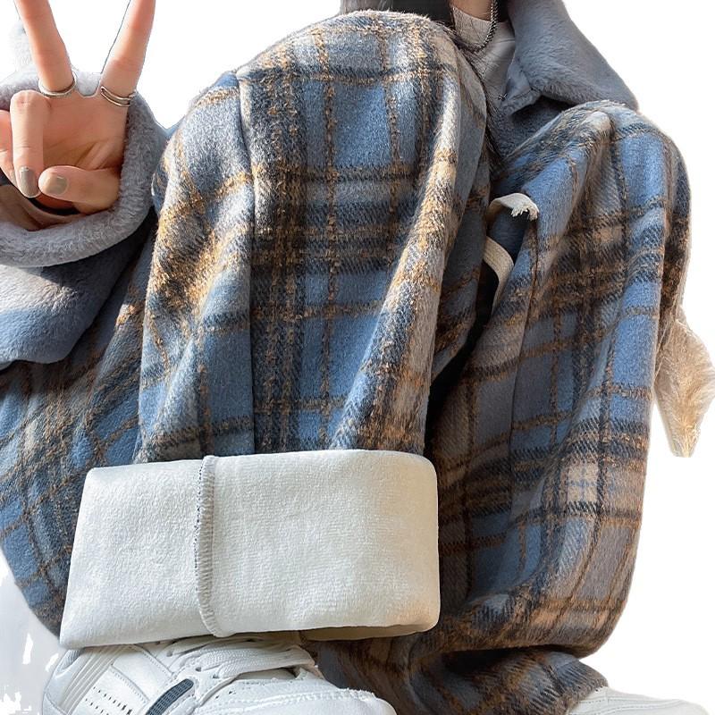 Women's Retro Plaid Winter Wool Fleece Pants - Warm, Thick, Loose, Straight, Wide Leg Casual Pants