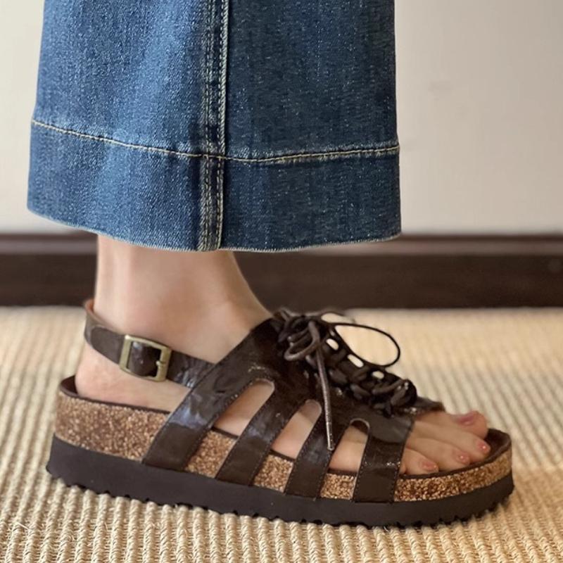 

Fashion Flats Platform Women Sandals New Fashion Summer Shoes Casual Open Toe Slippers 2025 Designer Lace Up Roman Shoes Woman Sandalias 40 коричневый