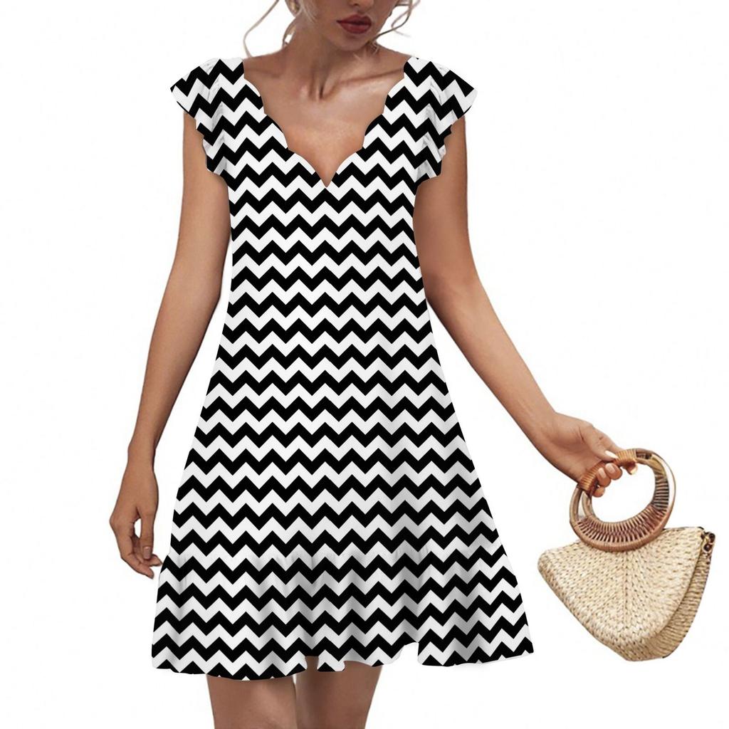 Women's Fashion Casual V Neck Wavy Edge Striped Plaid Print Short Sleeve Dress