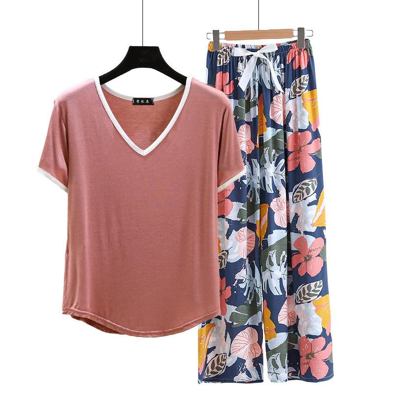Modal Loungewear V-Neck color-block Tshirt and Floral Wide leg pants Summer Thin Pajamas sets Casual Plus size Homewear 2pcs suit Comfort clothing