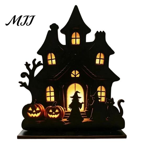 Witch Silhouette Decor Wooden Table Centerpiece, Spooky Castle Black Cat Standing Matte Halloween Decoration Tabletop Ornament for Party, Desk