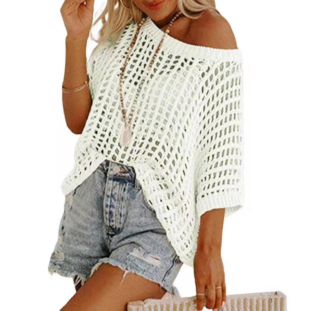 European & American 2026 Summer Mesh Hollowed-Out Five-Sleeve Beach Cover-up Sunscreen.