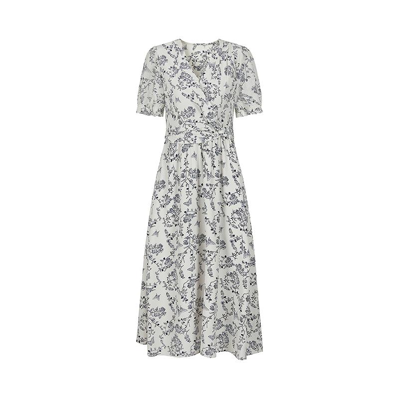 Jiuzi Anna Kou 100 Mulberry Silk Temperament Commuting Style Line Drawing Flower Dress for Women 2025 Summer New Style
