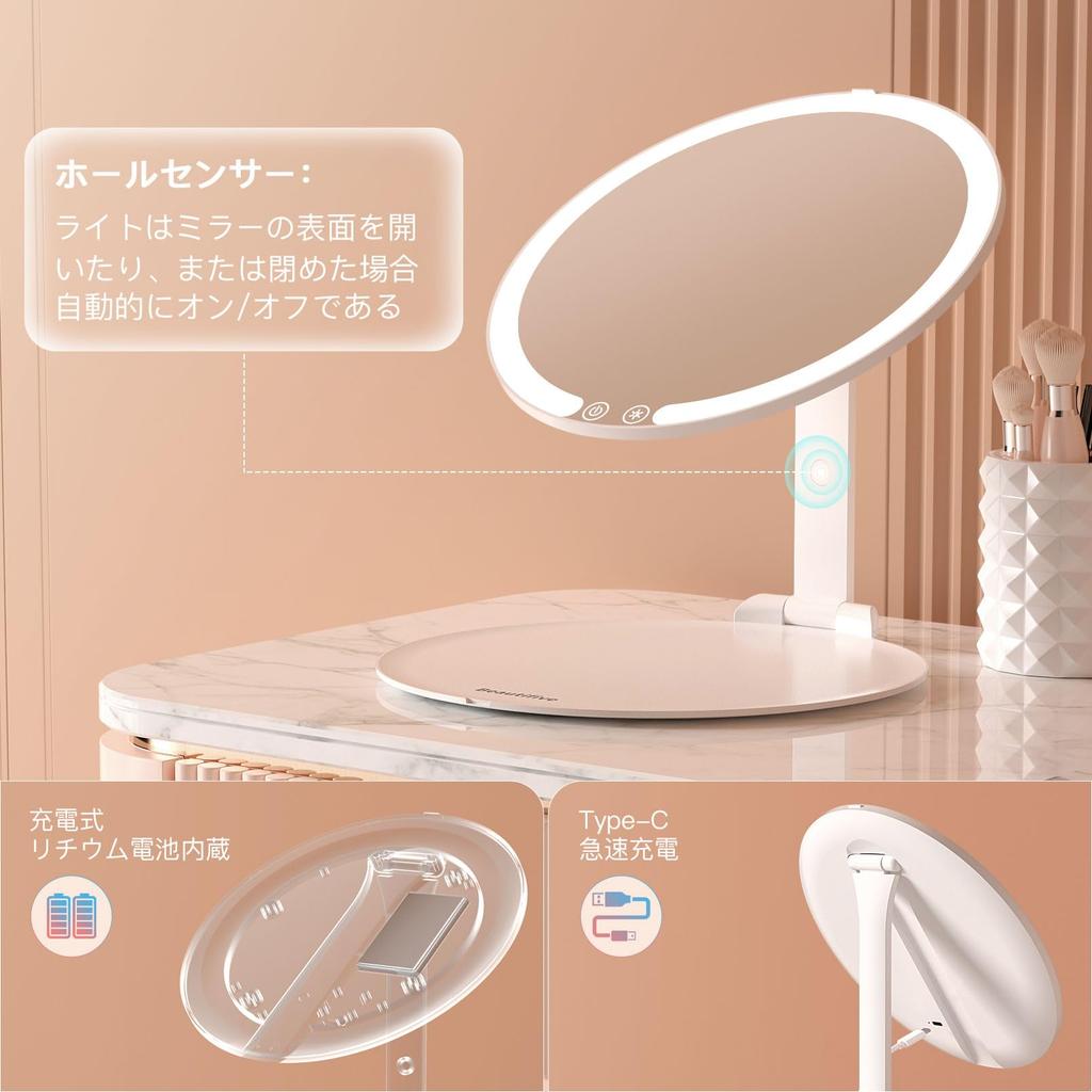 Beautifive LED Makeup with 10x Pocket USB Battery Side Guide Light 4 Brightness 3 CRI Color Round Shape Mirror, Tabletop, Foldable, Light,