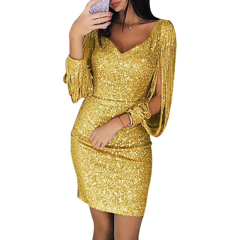 European & American Glam Sequin Tassel Long Sleeve Party Dress