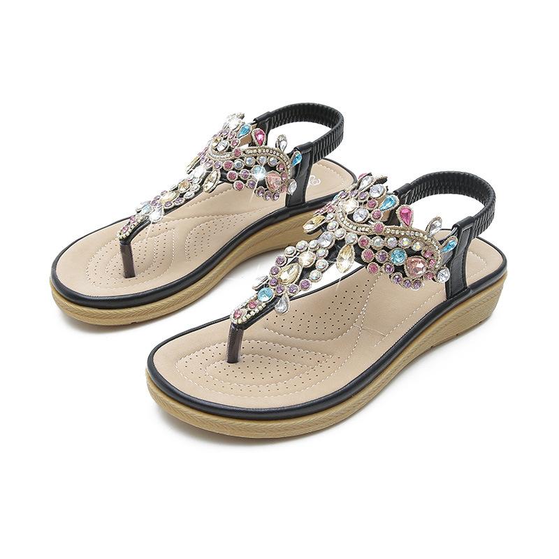 Plus Size 36-41 Shoes for Women Summer New Round Toe Flip Flops Fashion Rhinestone Ladies Sandals Roman Crystal Platform Elastic