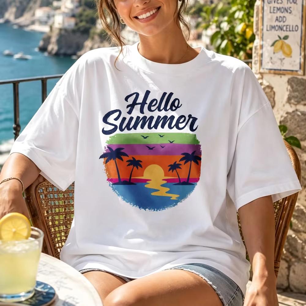 Unisex Hallo Sommer Palmenbaum Sonnenuntergang Strand Druck T-Shirt Retro Farbverlauf Grafik Rundhals Kurzarm Baumwolle Urlaubs Freizeit Oberteile