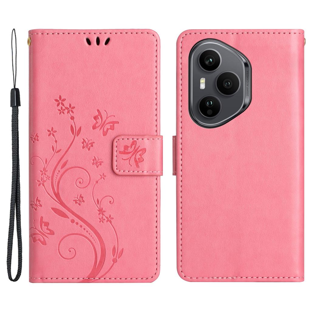 For Honor 400 Pro 5G (Global) Leather Wallet Case Butterfly Flower Imprinted Phone Cover with Strap