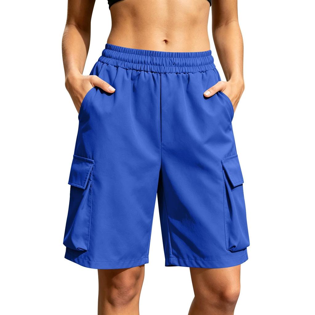 Women Loose Fit Casual Work Shorts with Elastic Waistband and Multiple Pockets for Daily Wear Outdoor Activities
