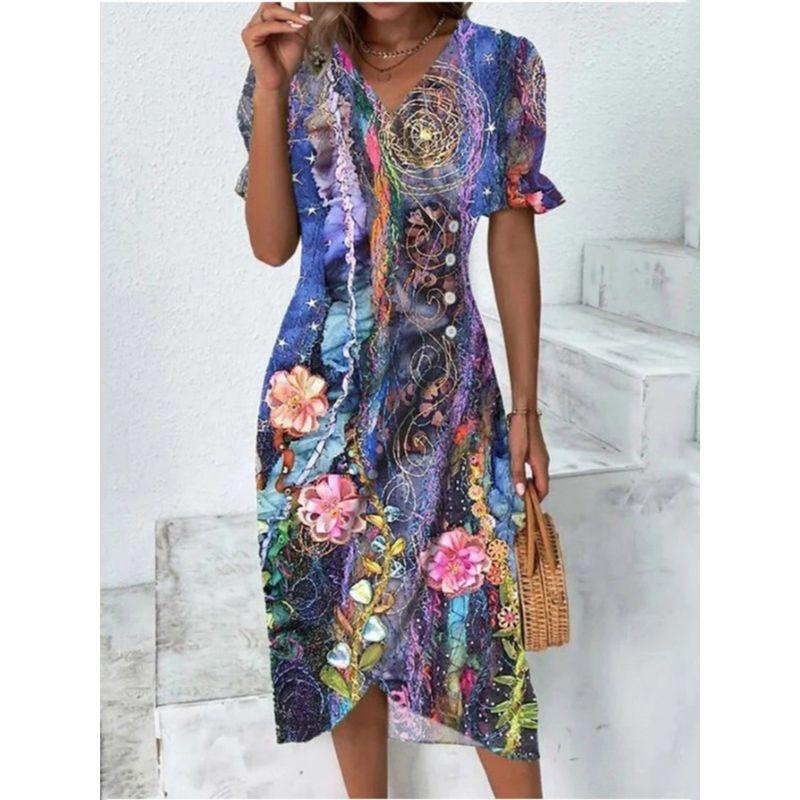 Printed Hem Irregularly Split Dress Print Hem Irregular Slit Dress