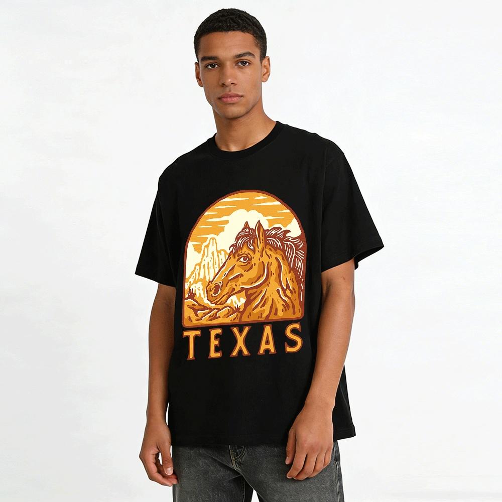 Texas Western Horse Print Vintage Casual Short Sleeve T-Shirt Pure Cotton T-shirt