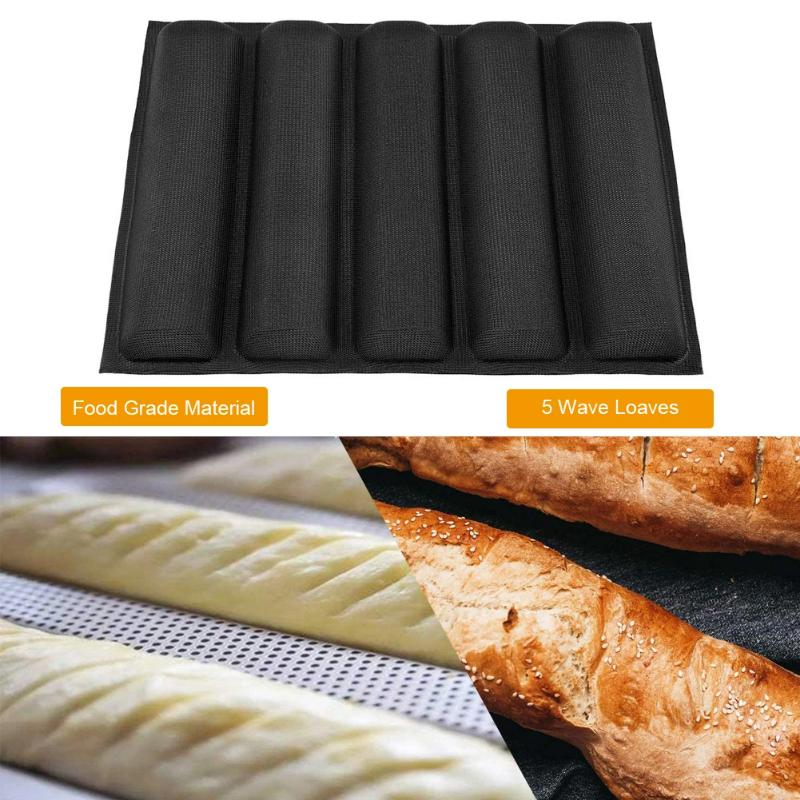 Non-Stick Perforated Silicone Baking Tray and Mat, 12 Inch, 5 Loaf Baguette and Sub Rolls Mold Liners, French Bread Bakeware