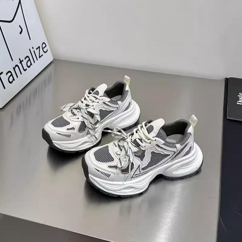 Double color ribbon~ leather thick-soled dad shoes women's 2025 spring models are breathable, lightweight, heightening and small casual sports shoes