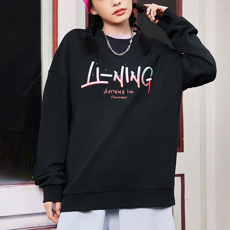 Li-Ning Gradient Letter Embroidery Crew Neck Fleece-Lined Sweatshirt Unisex Tops Black AWDSF75-9