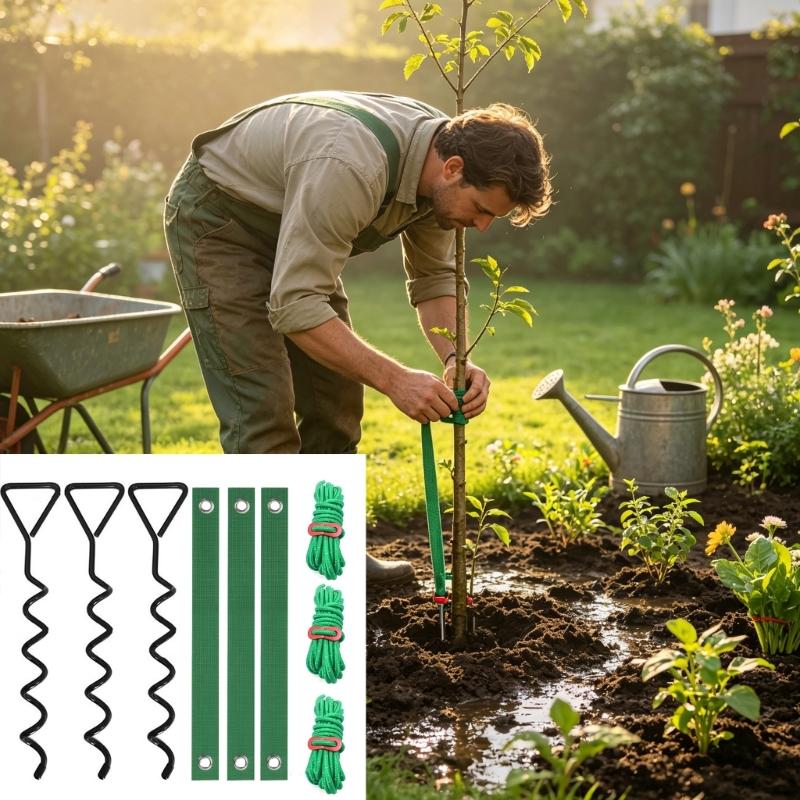Tree Support Kit with Twist-In Soil Stakes, Grommet Ties and Tie Ropes for Freshly Planted Trees in Yard Spaces