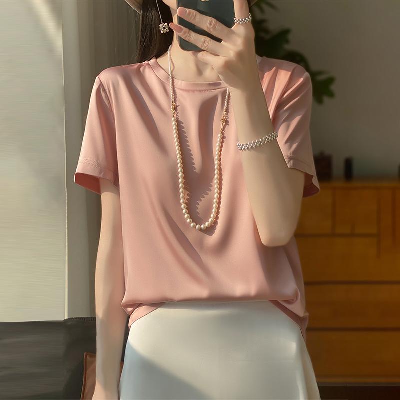 

Женская летняя футболка с короткими рукавами, 50% шелка тутового дерева, 50% полиэфирного волокна, удобная и дышащая XL розовый