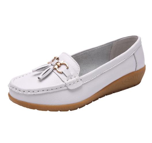 Spring Mother Shoes Single Shoes Hair Women Flat Bottom Women Doudou Flat Heel Leather Shoes Large Size Women'S Shoes