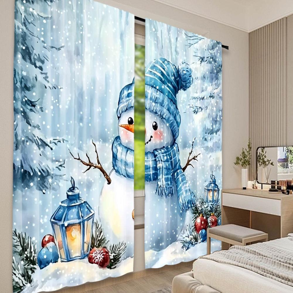 Flat Printing Christmas Curtains Cartoon Blue Santa Hat Snowman Print Digital Printed Polyester Drapes Festive Holiday Set Of 2 Made
