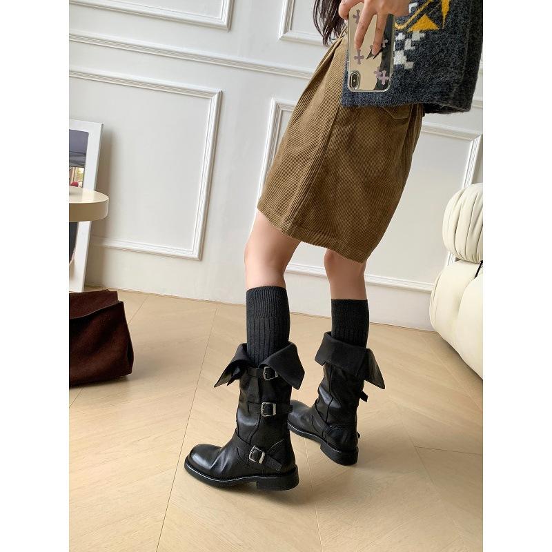 Cowhide Version~ Retro Long Boots Women's Thick Heel Belt Buckle High Black Boots Versatile Leather Pleated Trouser Tube Boots