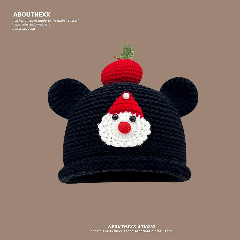 Cute Bear Apple Knitted Hat for Women New Autumn and Winter Warm and Versatile Pullover Hat Showing Face Small Woolen Hat