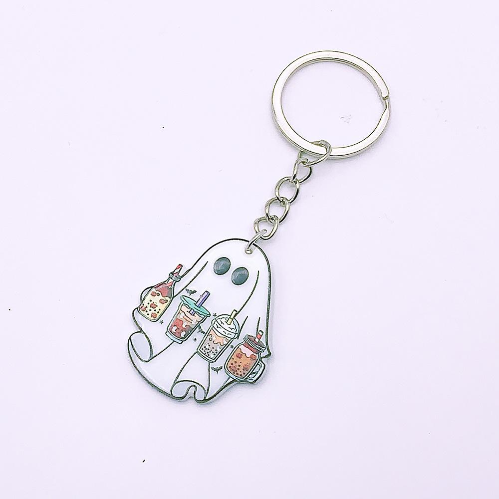Double Sided Printed Acrylic Halloween Keychain Cartoon Ghost Pendant Charm Women Key Ring