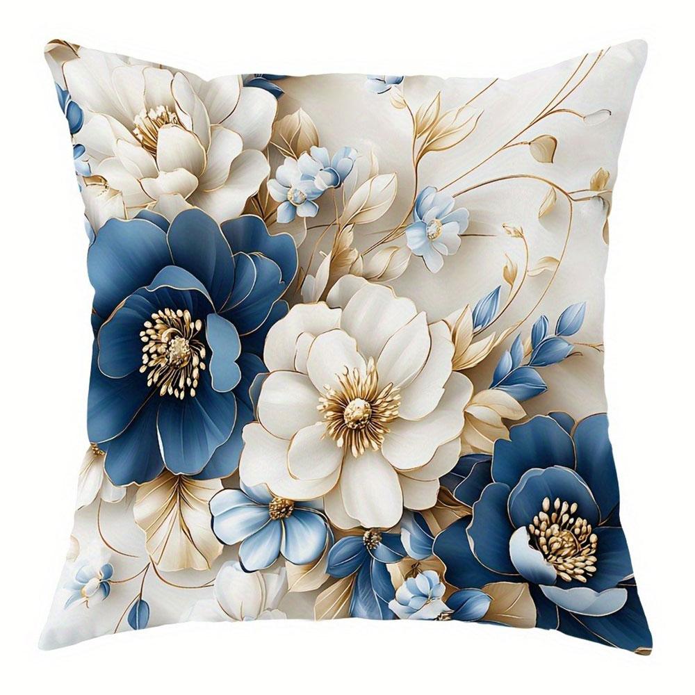 Blue White Gold Floral Light Luxury Pattern Home Decor Pillowcase Living Room Sofa Polyester Cushion Cover With Zipper
