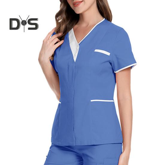 Bluzki pielęgniarskie z dekoltem w serek i krótkim rękawem, patchworkowe, kolorowe, kieszenie, guziki, dekolty, bluzki do chirurgii stomatologicznej, odzież robocza