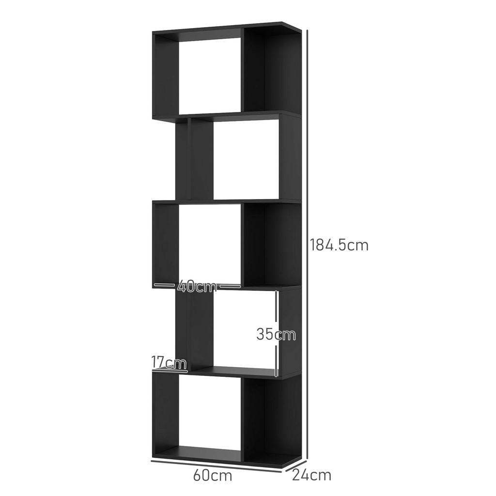 Wooden Bookcase with 5 Shelves Modern Design In Wood, 60x24x184.5 Cm, Black
