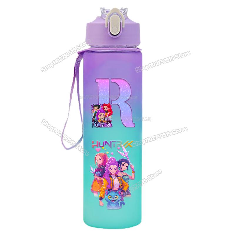 High Quality KPop Demon Hunters Gradient Water Bottles 750ml Movie Girl Letter A-Z Straw Drink Cups Portable High-capacity Outdoor Bottle