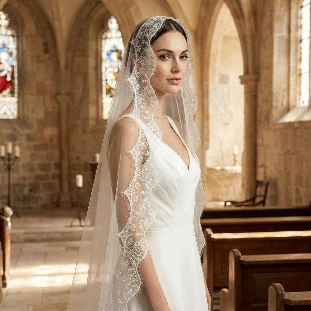 2M Long Bridal Headscarf Lace Edge Muslin Head Covering Elegant Wedding Veil Cathedral Wedding