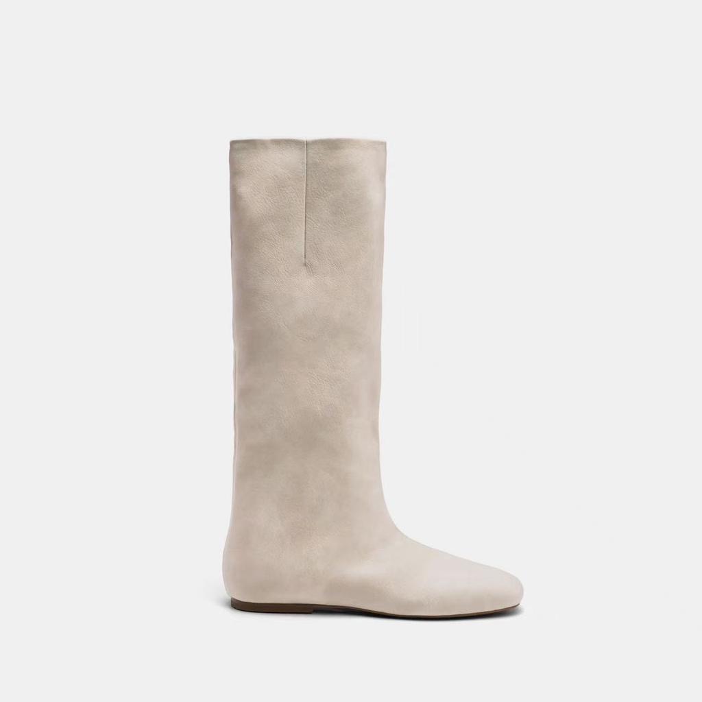 Cowhide version~ inner height increase French beige long knight boots women's boots square head thin boots straight fashion boots