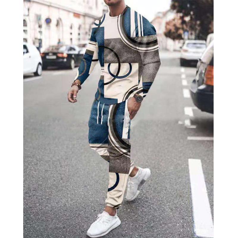 Men's Long Sleeve T-Shirts Sets Abstract Pattern 3D Print Sports T-Shirt Pants Suit Fashion Tracksuit 2-Piece Jogger Outfits