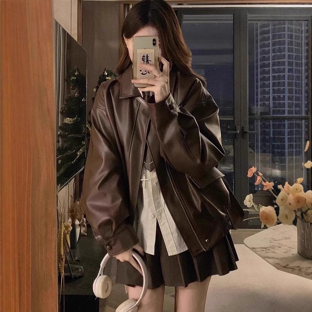 Autumn Korean Style Women's Brown Leather Motorcycle Jacket - 2025 New Spicy Cool Long Sleeve Loose Fit