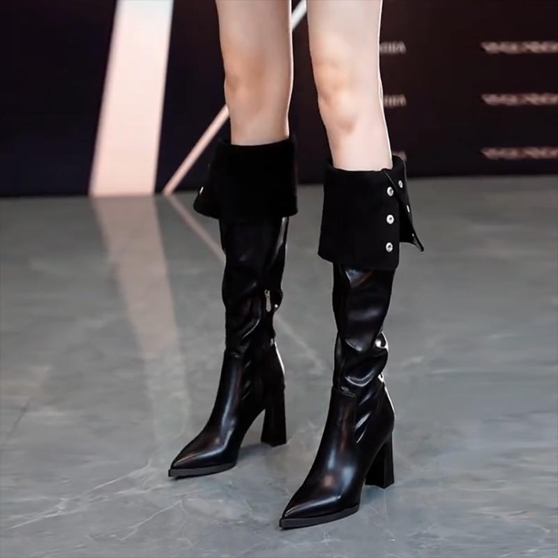 Women's Slim Heel Single Boots Winter New Sharp Head Rivet Side Zipper Thick Sole Non-slip Over The Knee High Heels