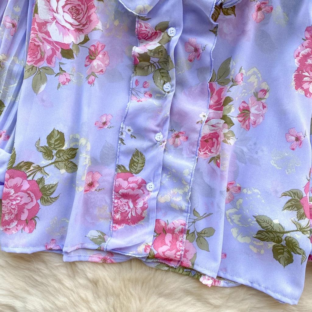 Chemises en mousseline de soie imprimées pour femmes, nouveau haut à volants doux, col en v, Design plissé, manches lanternes, début du printemps, 2024