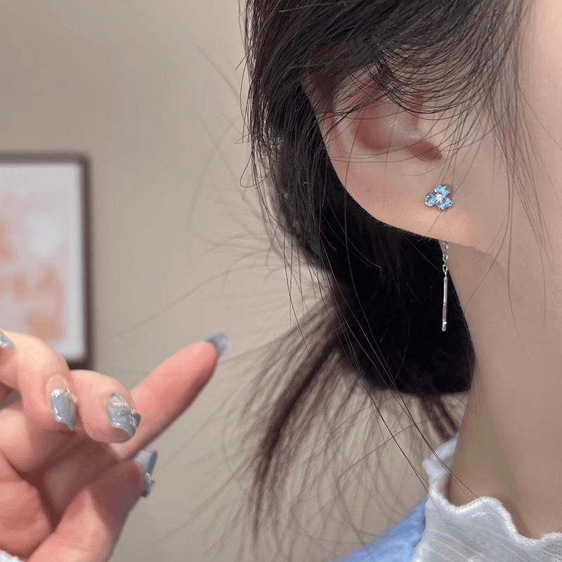 925 Silver Blue Iris Flower Zircon Tassel Stud Earrings for Women Fine Jewelry Luxury Vintage Accessories
