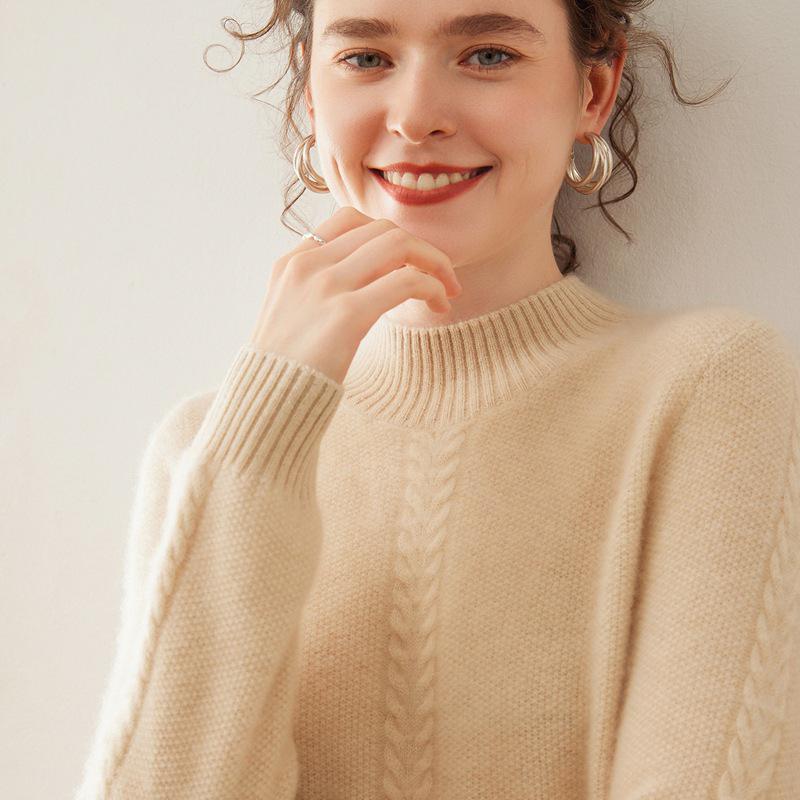 Women's Jacquard Knit Cashmere Sweater - Loose Fit, Half-High Neck, Autumn/Winter Fashion