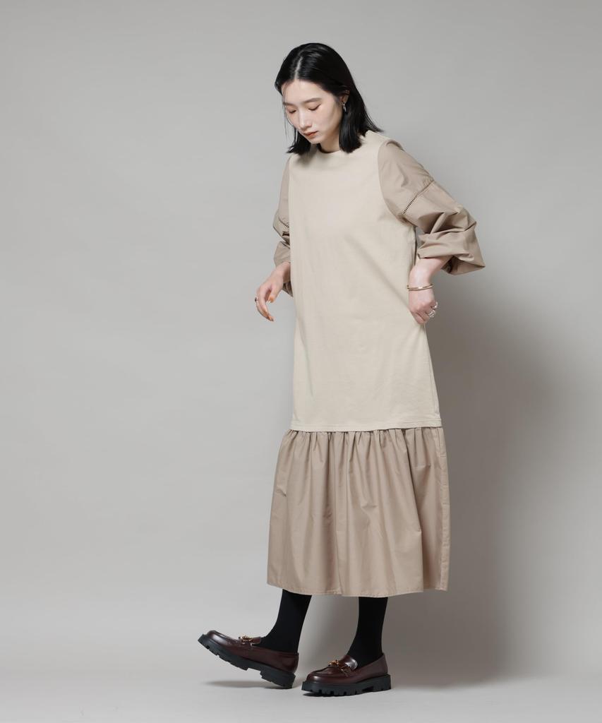 Nano Universe Ladder Lace Sleeve Dress with Mixed Size F Women's Material, Beige, 040, 673-5219315