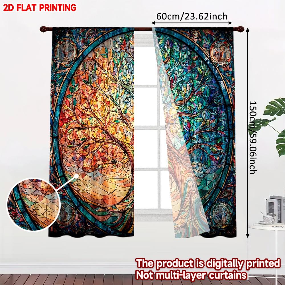 Modern Stained Glass Tree Curtains Colorful Orange Blue Forest Pattern Effect Living Room Semi Sheer Set Of 2 Made Polyester Sitting Decor
