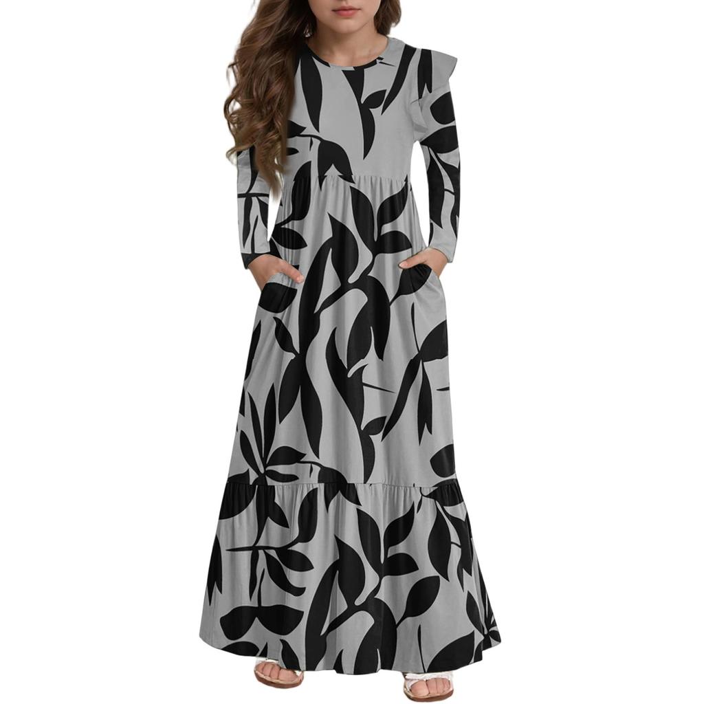 Girls' Tiered Ruffle Dress - Long Sleeve Printed Maxi With Pockets