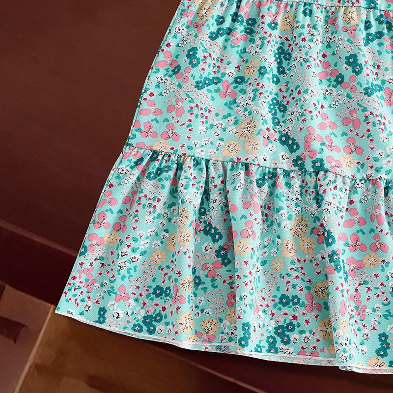 7-12 Years Old Girls Clothing Spring and Autumn Dress New Green Floral Print Dress Casual Long-sleeved Dresses