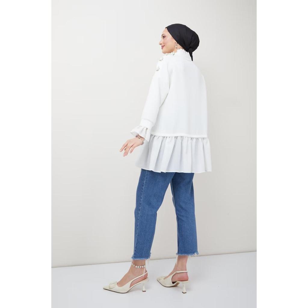THE RAREBELL Stone Embroidered Snap Fastener Poplin Fabric Garnish Veiling Tunic On The Shoulder