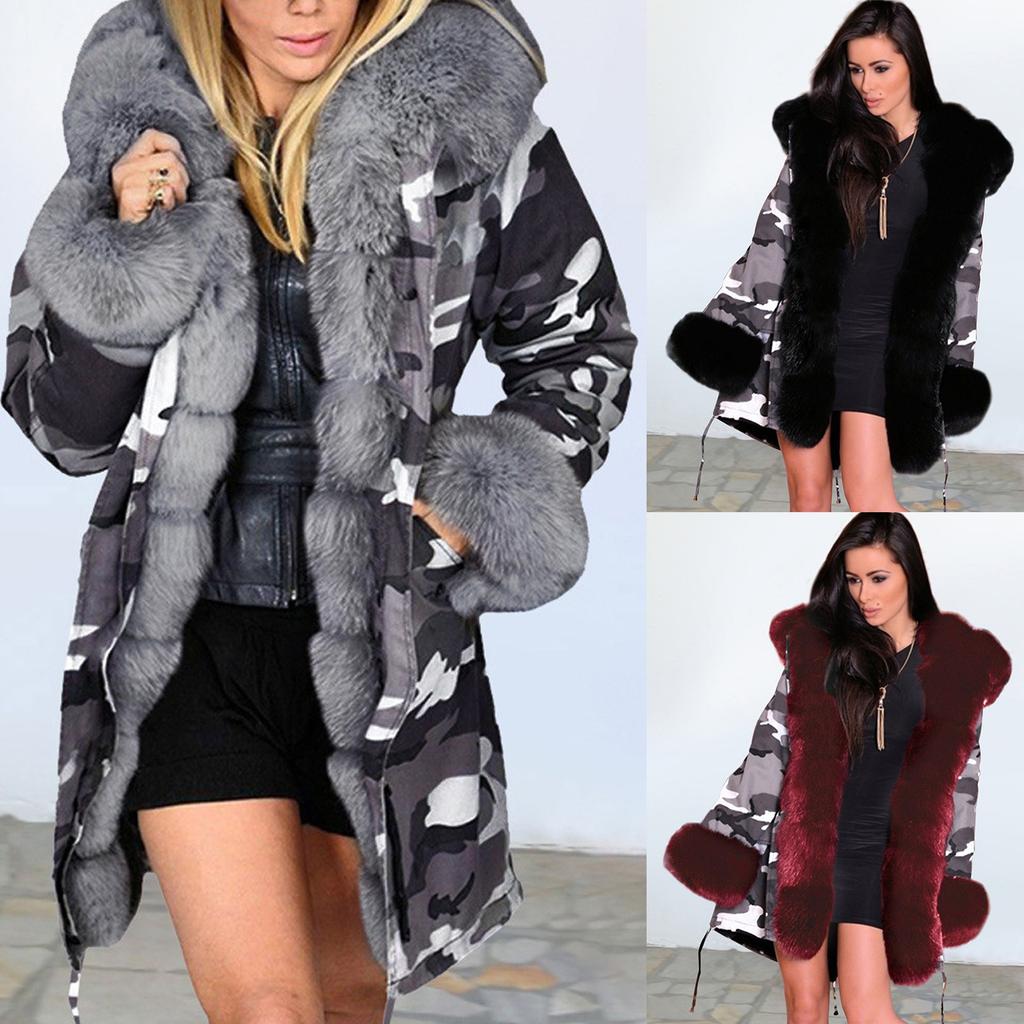 Dámská umělá zimní bunda Kabát s kapucí Fishtail Dlouhé rukávy Kabát Udržujte v teple