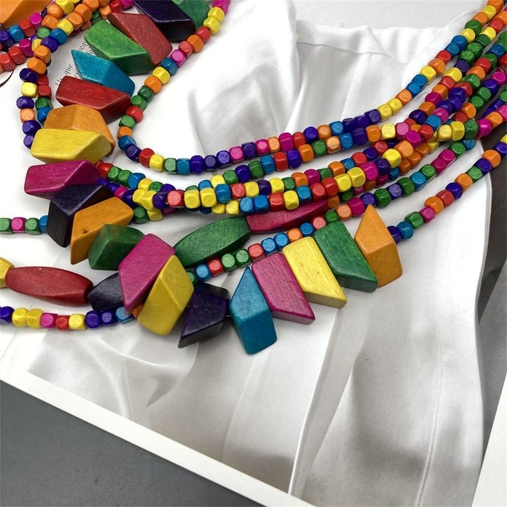 Multi-Layer Wooden Beaded Necklace Colorful Irregular Bohemian Party Jewelry for Women